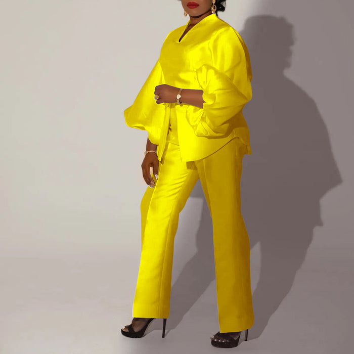 Color-Yellow-Suit Elegant Office Solid Color African plus Size Two Piece Set-Fancey Boutique