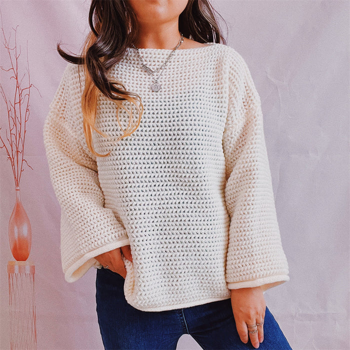 Color-White-Casual Loose Solid Color off Neck Knitted Long Sleeved Pullover Bottoming Thick Needle Sweater for Women-Fancey Boutique