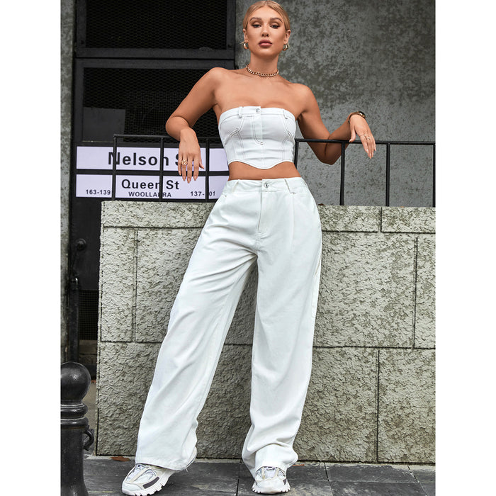 Women Clothing Trendy Thin Looking Casual High Waist Loose Denim Trousers-Fancey Boutique
