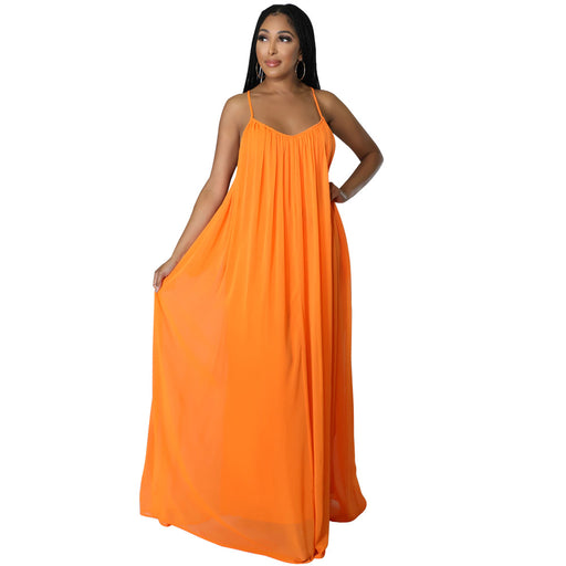 Color-Orange-Women Chiffon Solid Color Casual Backless Cami Dress-Fancey Boutique