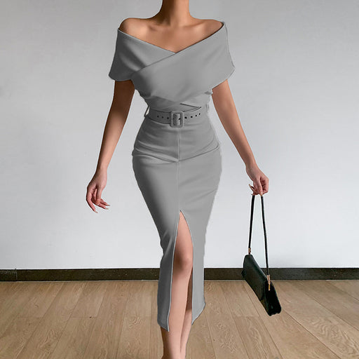 Color-Gray-Spring Summer Elegant Graceful Office Minimalist Young off the Shoulder Belt Dress with Vents-Fancey Boutique