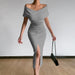 Color-Gray-Spring Summer Elegant Graceful Office Minimalist Young off the Shoulder Belt Dress with Vents-Fancey Boutique