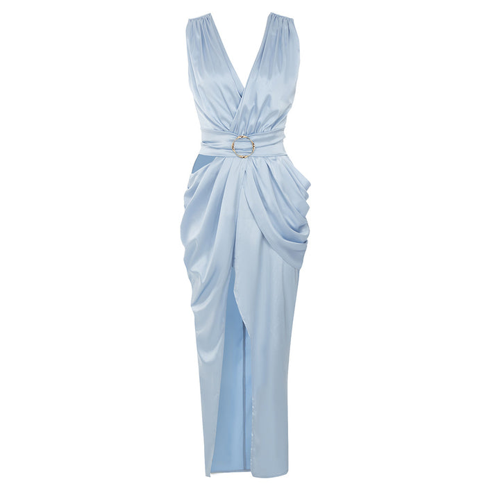 Color-Light Blue-Dress Summer Sexy Retro Deep V Plunge-neck Hollow Out Cutout Pleated Front Slit Slim Dress Women-Fancey Boutique