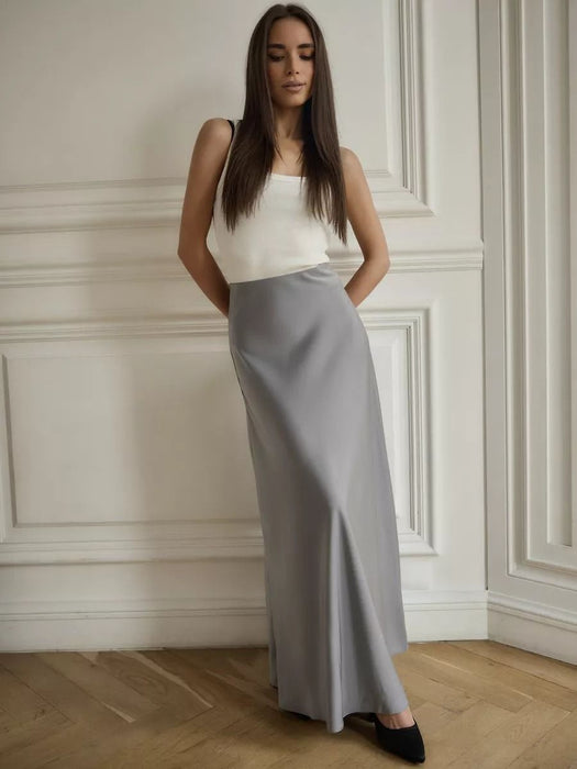 Fishtail Skirt Spring Satin Satin Long High Waist Hip Mop Fishtail Skirt-Light Gray-Fancey Boutique