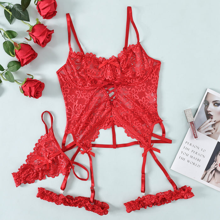 Color-Red-Lace Stitching See through Sexy Underwear Suit-Fancey Boutique