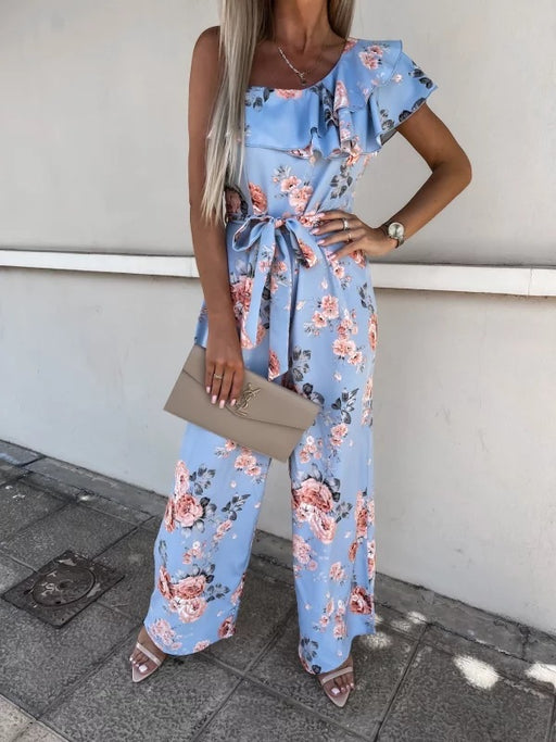 Color-Blue-Summer Loose Lace-up Printed Jumpsuit-Fancey Boutique