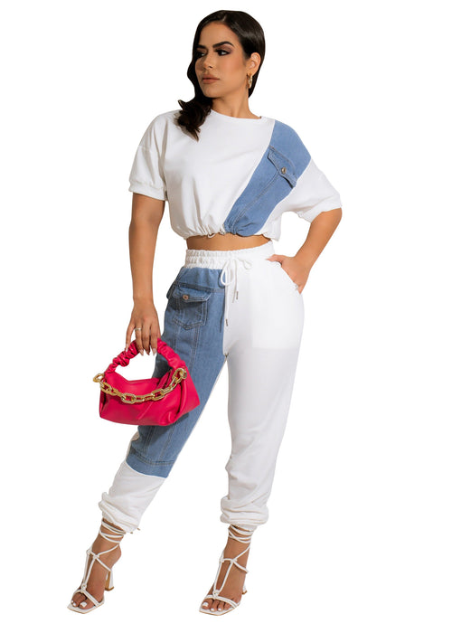 Color-White-Denim Casual Set Denim Combination Casual Sports Set-Fancey Boutique