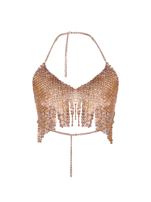 Color-Gold-Rhinestone Night Club Slip Short Sexy Backless Top Women-Fancey Boutique