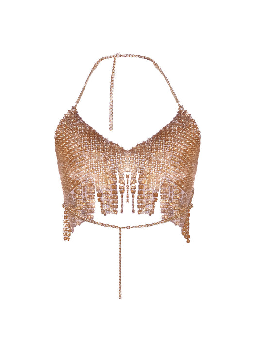 Color-Gold-Rhinestone Night Club Slip Short Sexy Backless Top Women-Fancey Boutique