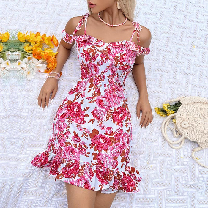 Summer Original Design Women Clothing off the Shoulder Lace Printing Slip Dress Women-Pink-Fancey Boutique