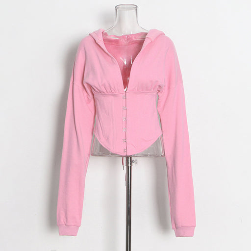Color-Pink-Optional Women Sweater Autumn Solid Color Waist Tied Single Breasted Short Stitching Hoodie-Fancey Boutique
