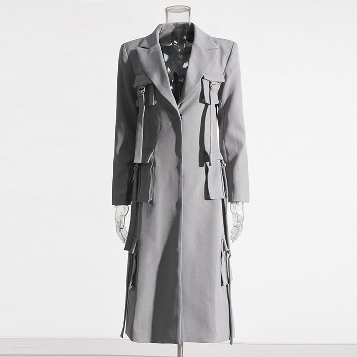 Color-Gray-Simple Graceful Autumn Niche Design Patchwork Pocket Loose Solid Color Long Trench Coat Women-Fancey Boutique