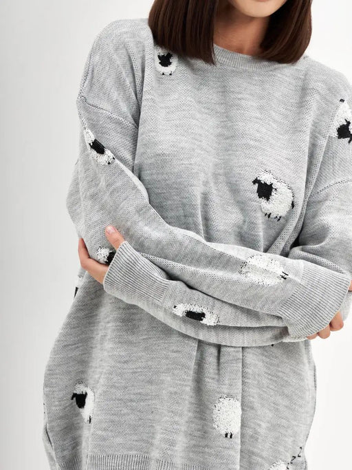 Color-Gray-Autumn Winter Russian Loose Round Neck Sweater Small Sheep Printing Pullover Casual Office Women-Fancey Boutique