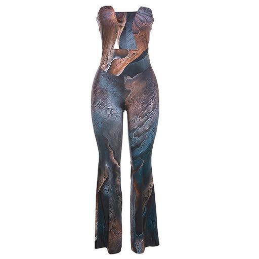 Color-Brown-Women Clothing Autumn Winter Sexy Tube Top Backless Abstract Printing High Waist Long Jumpsuit-Fancey Boutique