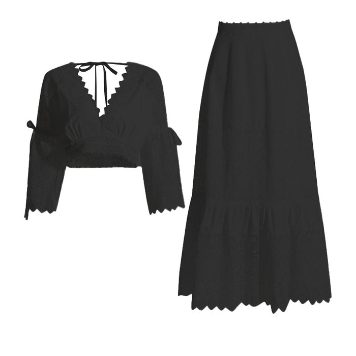 Color-Black-Suit Women Two Piece Set Classic Design Embroidered Lace Short Top A line Skirt-Fancey Boutique