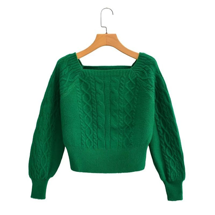 Color-Green2-Soft Glutinous Cable Knit Sweater Women Autumn Winter Sweet Idle Design Square Collar Short Sweater-Fancey Boutique