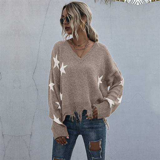 Color-Khaki-Women Clothing Pattern V neck Tassel Women Knitted Sweater Autumn Winter-Fancey Boutique