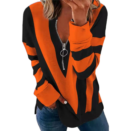 Color-Orange-Autumn Winter Printed Long Sleeve V neck Zipper Casual Loose Sweater Women-Fancey Boutique