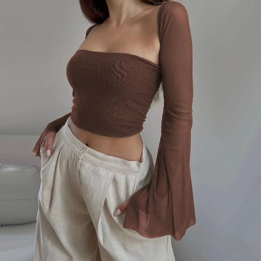Color-Brown-Fall Women Clothing Sexy Sexy Two Piece Set Slim Tube Top Waistcoat Long Sleeve Top-Fancey Boutique