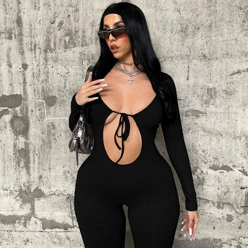 Color-Black-Women Clothing Autumn Sexy Chest Hollow Out Cutout Slim Long Sleeve Jumpsuit-Fancey Boutique