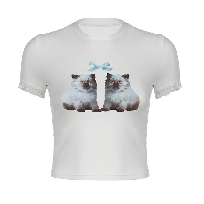 Sweet Cute Cat Bow Print Lace Ruffled Short Sleeves Girlish Slim Fit T shirt-White-Fancey Boutique