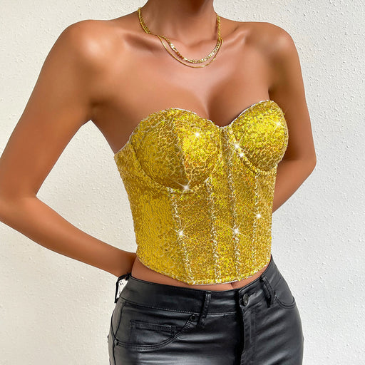 Color-Yellow-Girls Nightclub Street Corset Sequin Zipper Heavy Industry Tube Top-Fancey Boutique