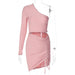 Color-Pink-Solid Color Single Shoulder Bag Hip Skirt Two Piece Fall Women Clothing Ruched Slim Fit Suit-Fancey Boutique