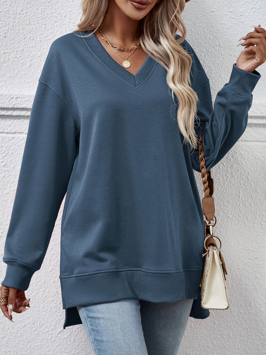 Color-Steel Blue-Autumn Winter Women Clothing Sweater Solid Color V Neck Split Front Short Back Long Blouse-Fancey Boutique