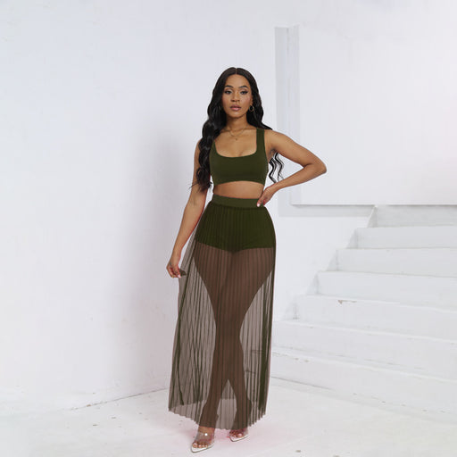 Color-Army Green-Sexy Women Clothing Vest Skirt Shorts Three Piece Beach See through Pleated Mesh Skirt Set-Fancey Boutique