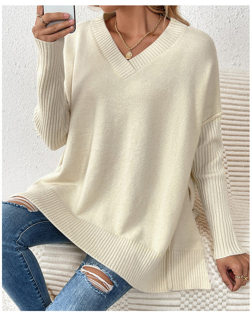 Color-Light Brown-Autumn Winter Pullover Sweater Idle V neck Casual Stitching Long Sleeved Sweater for Women-Fancey Boutique