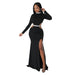 Color-Black-Autumn Women Sexy Open Waist Split Dress Solid Color-Fancey Boutique