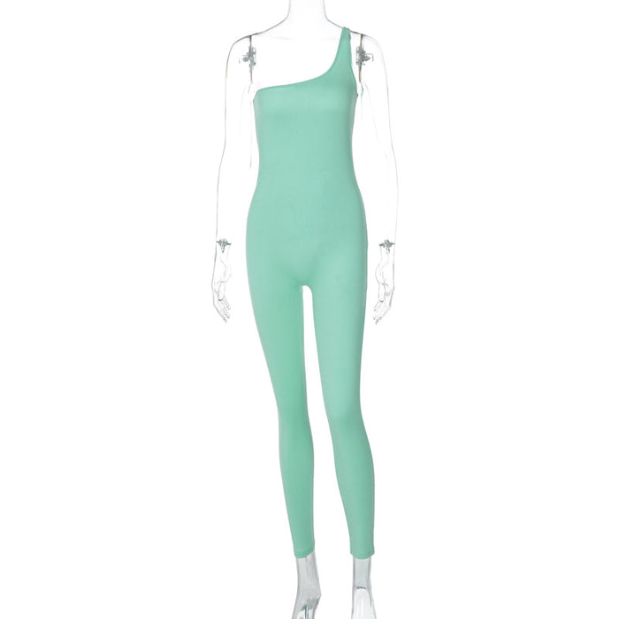 Color-Mint-Spring Women Clothing Solid Color One Shoulder Slim Fit Hip Raise Sports Fitness Jumpsuit Women-Fancey Boutique