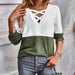 Color-White Green-Autumn Winter V Neck Cross Color Contrast Patchwork Drop Shoulder Sleeve Casual T Women Top-Fancey Boutique