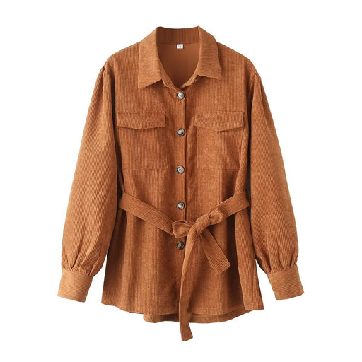 Color-Shirt-Fall Women Long leeved Corduroy Belt Shirt-Fancey Boutique