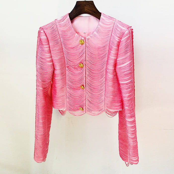 Color-Pink Top-Stars Tassel Short Jacket Skirt Set Pink Black-Fancey Boutique