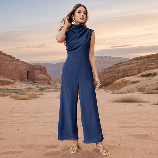 Summer Women Sleeveless Solid Color Swing Collar Jumpsuit-Purplish blue-Fancey Boutique