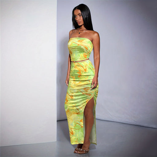 Tie Dye Bandeau Slim Fit Slit Sheath Slim Skirt Set Summer Two Piece Set High Sense Women Clothing-Fancey Boutique