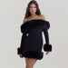 Black Plush Long Sleeve off Shoulder Dress Autumn Winter Women Fur Backless Sexy Hip-Fancey Boutique