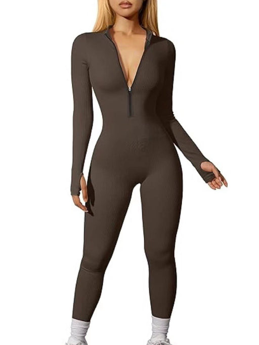 Color-Coffee-Women Sports Jumpsuit Workout Ribbed Long Sleeve Zipper Casual Jumpsuit Trousers Tight-Fancey Boutique