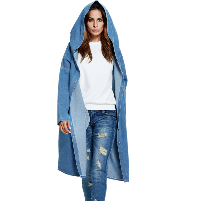Color-Light Blue-Autumn Winter Denim Coat Overcoat Popular Hooded Denim Trench Coat-Fancey Boutique