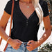 Summer Women V neck Shrimp Skin T shirt Short Sleeve-Black-Fancey Boutique