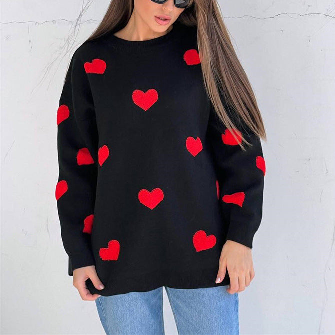 Color-Love Embroidered Crew Neck Autumn Winter Sweater Women Loose Casual Thickening Top Sweater-Fancey Boutique