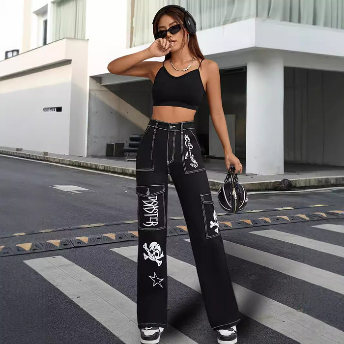 Retro Sexy Fried Street Overalls Loose Straight Leg Denim Printed Mopping High Waist Women Pants Fashionable-Fancey Boutique