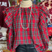 Color-Red-blue plaid-Ladies Cotton Red Blue Plaid Ruffled Decorative round Neck Lantern Sleeve Elegant Top-Fancey Boutique