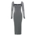 Spring Summer Women Clothing Royal Sister Lace Stitching Maxi Dress Sexy Tight Square Collar Long Sleeve Dress-Gray-Fancey Boutique