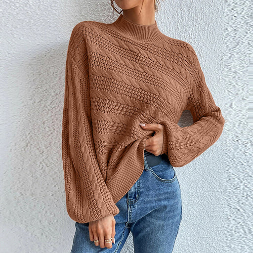 Color-Brown-Autumn Winter Solid Color Women Top Loose round Neck Pullover Twist Sweater for Women-Fancey Boutique
