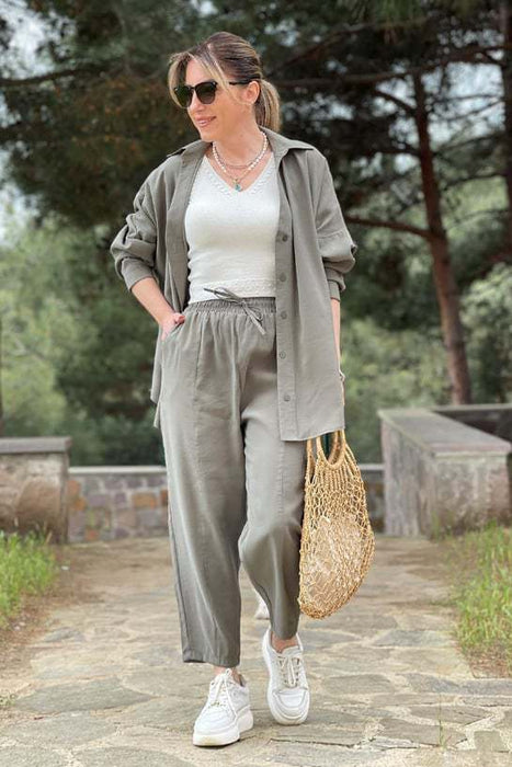 Women Suit Spring Summer Loose Fitting Long Sleeves Shirt Lace Up Casual Cropped Pants-Gray-Fancey Boutique