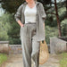 Women Suit Spring Summer Loose Fitting Long Sleeves Shirt Lace Up Casual Cropped Pants-Gray-Fancey Boutique