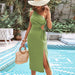 Color-Light Green-Spring Summer Women Clothing Shoulder Hollow Out Cutout Slit A line Vacation Dress-Fancey Boutique