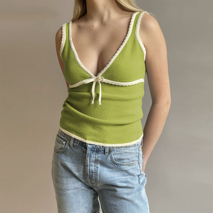 Color-Avocado Green-Spring Summer Best Women Clothes Sexy Deep V Plunge Bow Lace Vest-Fancey Boutique